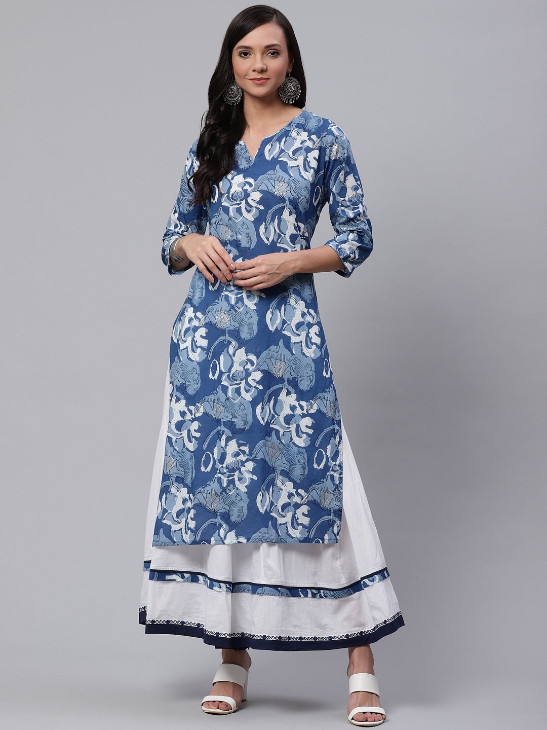 Women'S Blue Cotton Kurta With Mulmul Sharara | LASVINI - Redefining Indian Fashion with Elegance