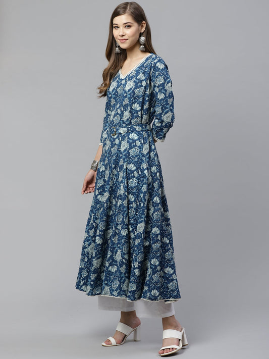Women'S Indigo Flaired Kurta With Belt | LASVINI - Redefining Indian Fashion with Elegance