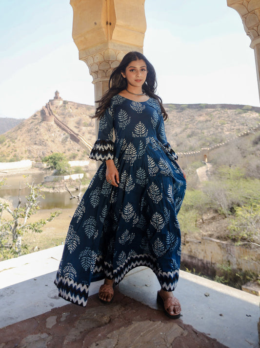 Women Blue Long Cotton Anarkali | LASVINI - Redefining Indian Fashion with Elegance