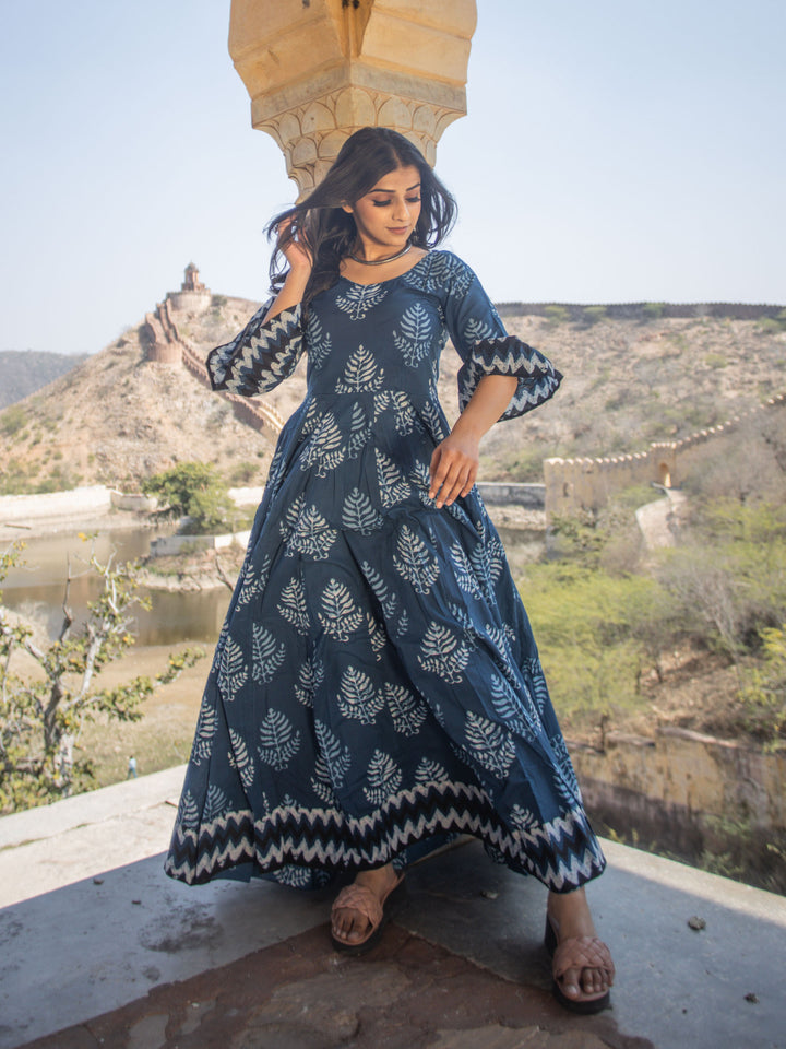 Women Blue Long Cotton Anarkali | LASVINI - Redefining Indian Fashion with Elegance