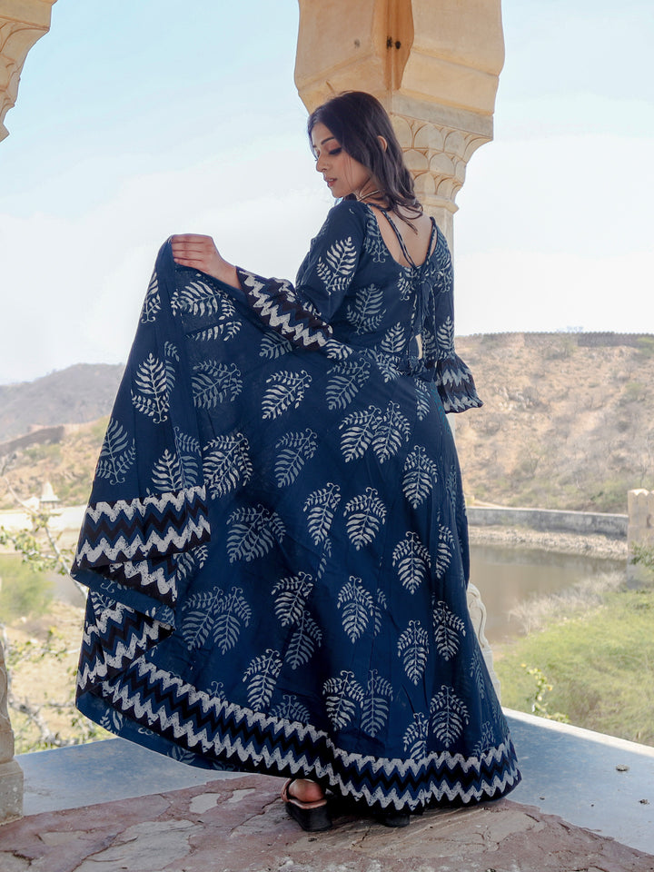Women Blue Long Cotton Anarkali | LASVINI - Redefining Indian Fashion with Elegance