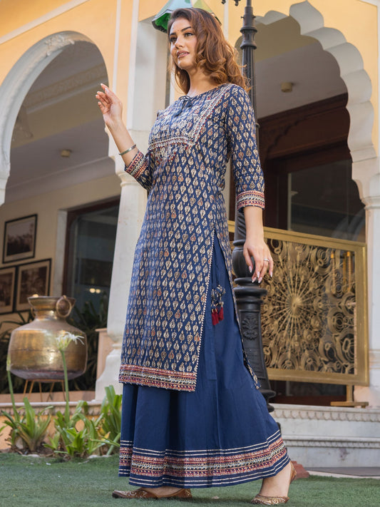 Women Navy Blue Cotton Gota Patti Palazzo Set | LASVINI - Redefining Indian Fashion with Elegance