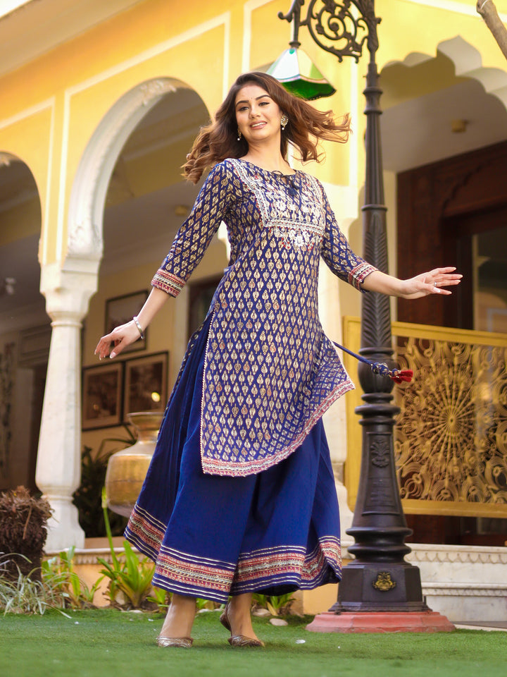 Women Navy Blue Cotton Gota Patti Palazzo Set | LASVINI - Redefining Indian Fashion with Elegance