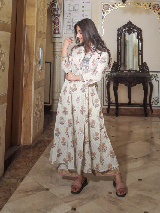 Ivory White Self Print Cotton Kurti With Palazzo Set | LASVINI - Redefining Indian Fashion with Elegance