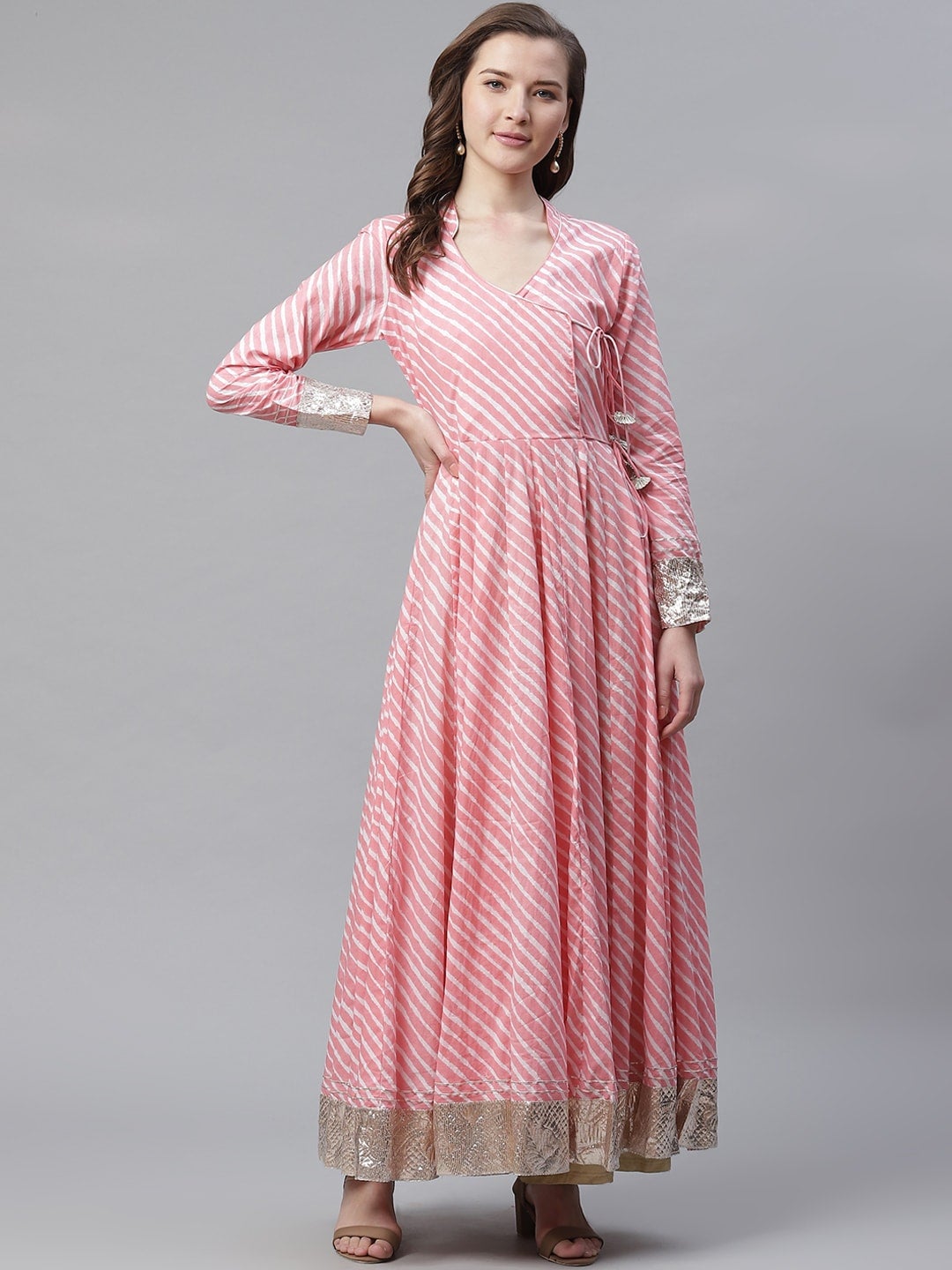 Women'S Pink Leheriya Cotton Anarkali With Copper Lace | LASVINI - Redefining Indian Fashion with Elegance
