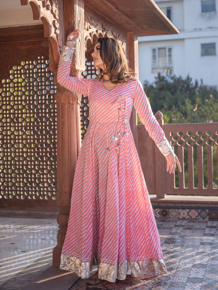 Women Pink Leheriya Cotton Anarkali With Copper Lace | LASVINI - Redefining Indian Fashion with Elegance