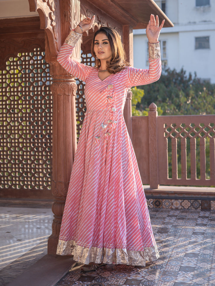 Women Pink Leheriya Cotton Anarkali With Copper Lace | LASVINI - Redefining Indian Fashion with Elegance
