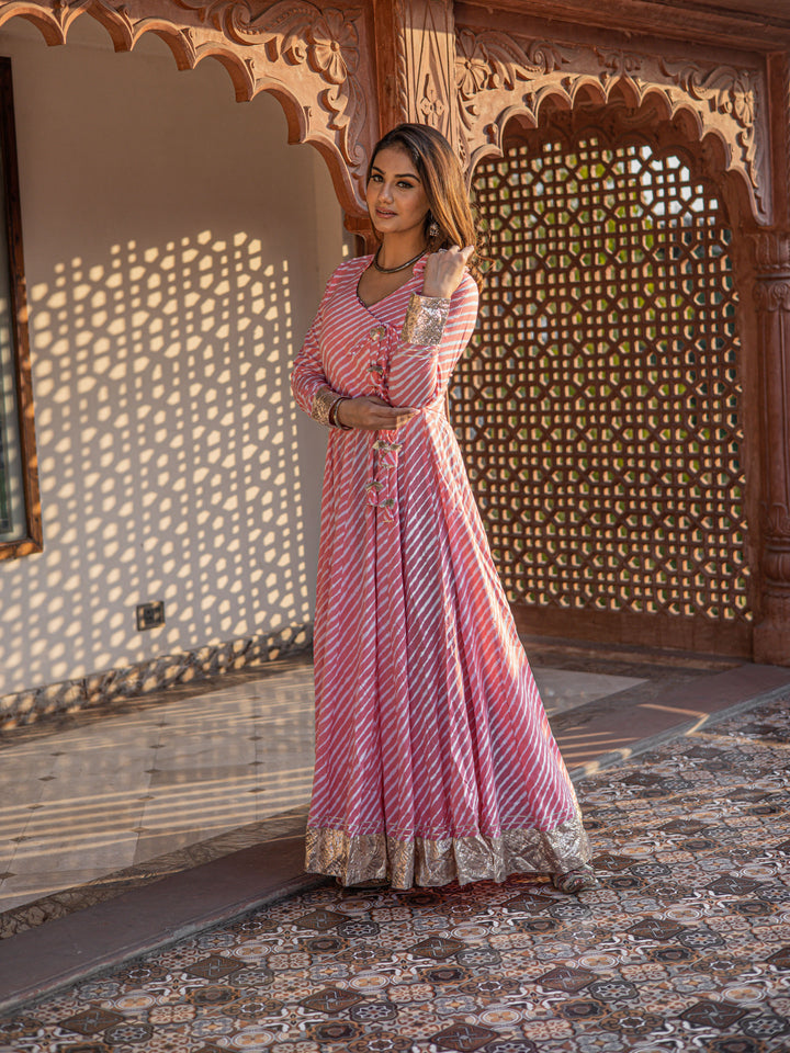 Women Pink Leheriya Cotton Anarkali With Copper Lace | LASVINI - Redefining Indian Fashion with Elegance