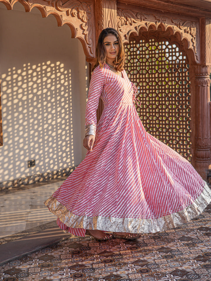 Women Pink Leheriya Cotton Anarkali With Copper Lace | LASVINI - Redefining Indian Fashion with Elegance