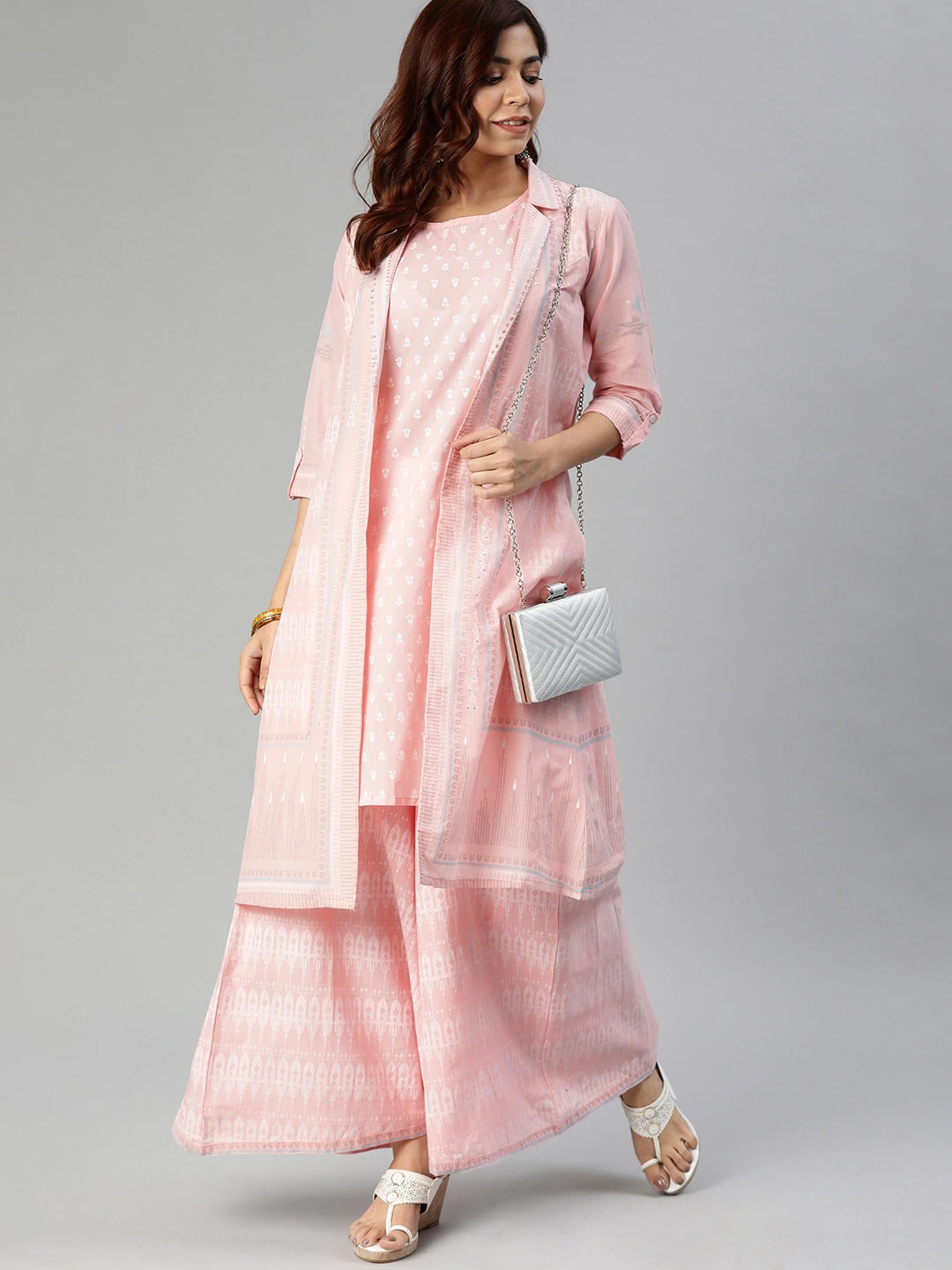 Women'S Baby Pink Three Piece Palazzo Set With Jacket | LASVINI - Redefining Indian Fashion with Elegance