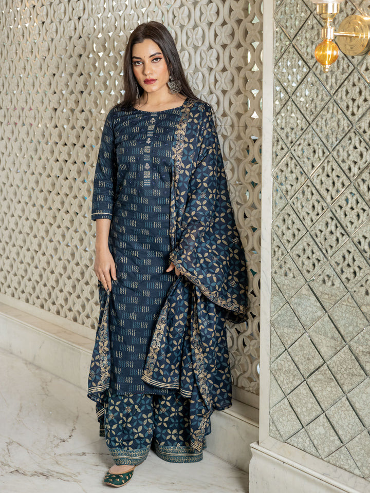 Women Indigo Kurta Set With Palazzo And Dupatta | LASVINI - Redefining Indian Fashion with Elegance