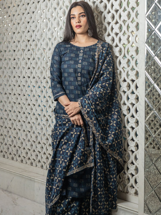 Women'S Indigo Kurta Set With Palazzo And Dupatta | LASVINI - Redefining Indian Fashion with Elegance