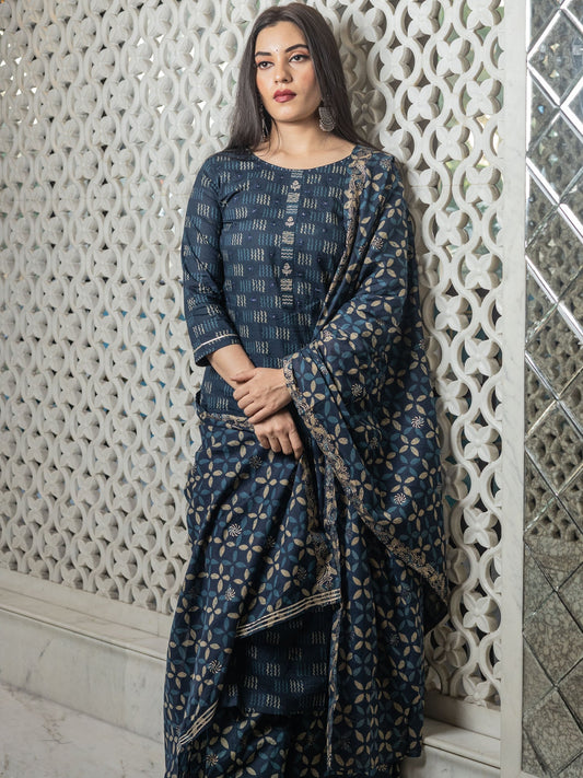 Women Indigo Kurta Set With Palazzo And Dupatta | LASVINI - Redefining Indian Fashion with Elegance