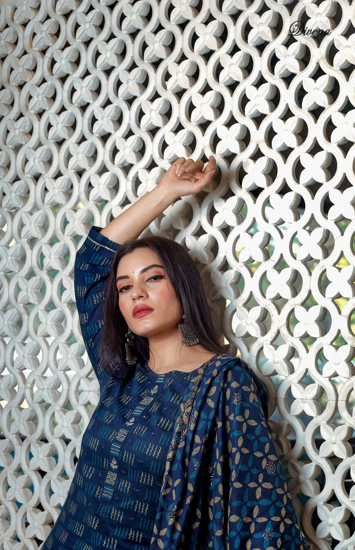 Women'S Indigo Kurta Set With Palazzo And Dupatta | LASVINI - Redefining Indian Fashion with Elegance