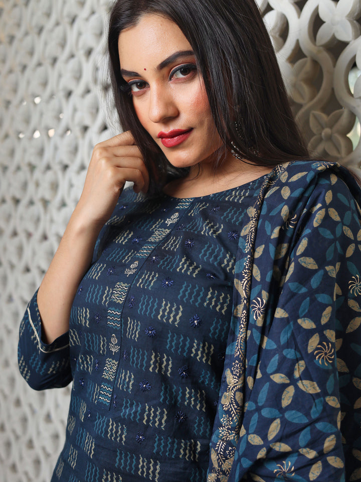 Women Indigo Kurta Set With Palazzo And Dupatta | LASVINI - Redefining Indian Fashion with Elegance