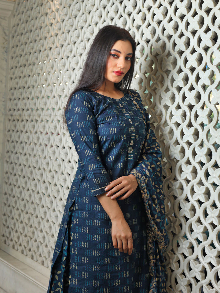 Women'S Indigo Kurta Set With Palazzo And Dupatta | LASVINI - Redefining Indian Fashion with Elegance