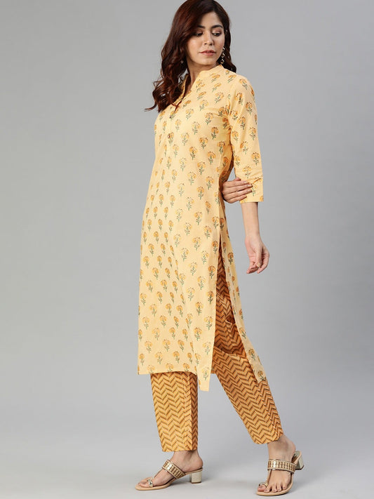 Women'S Yellow Flower Print Cotton Kurta Set | LASVINI - Redefining Indian Fashion with Elegance
