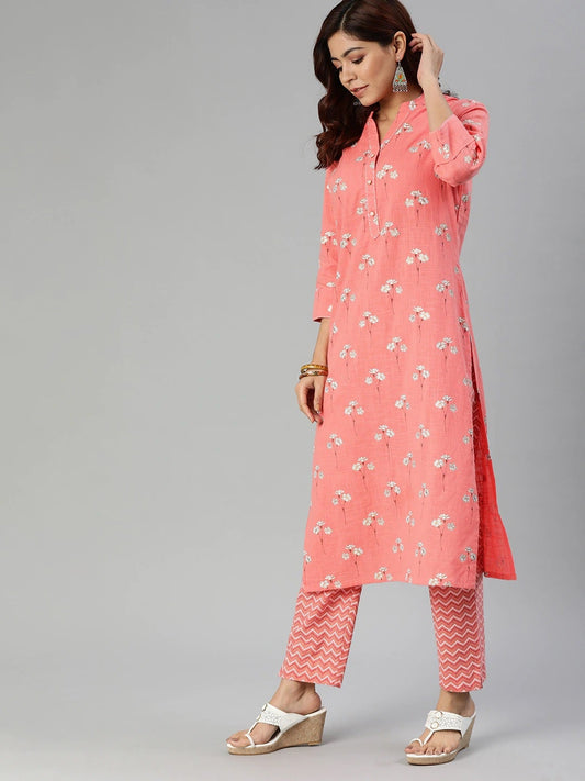 Women'S Pink Flower Print Cotton Kurta Set | LASVINI - Redefining Indian Fashion with Elegance