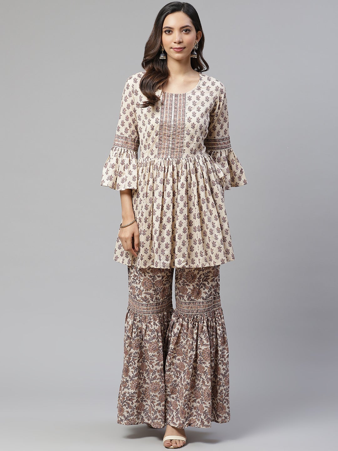 Women'S Cream Printed Sharara Set | LASVINI - Redefining Indian Fashion with Elegance