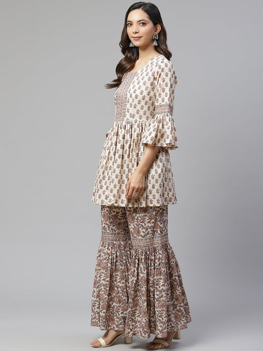 Women'S Cream Printed Sharara Set | LASVINI - Redefining Indian Fashion with Elegance