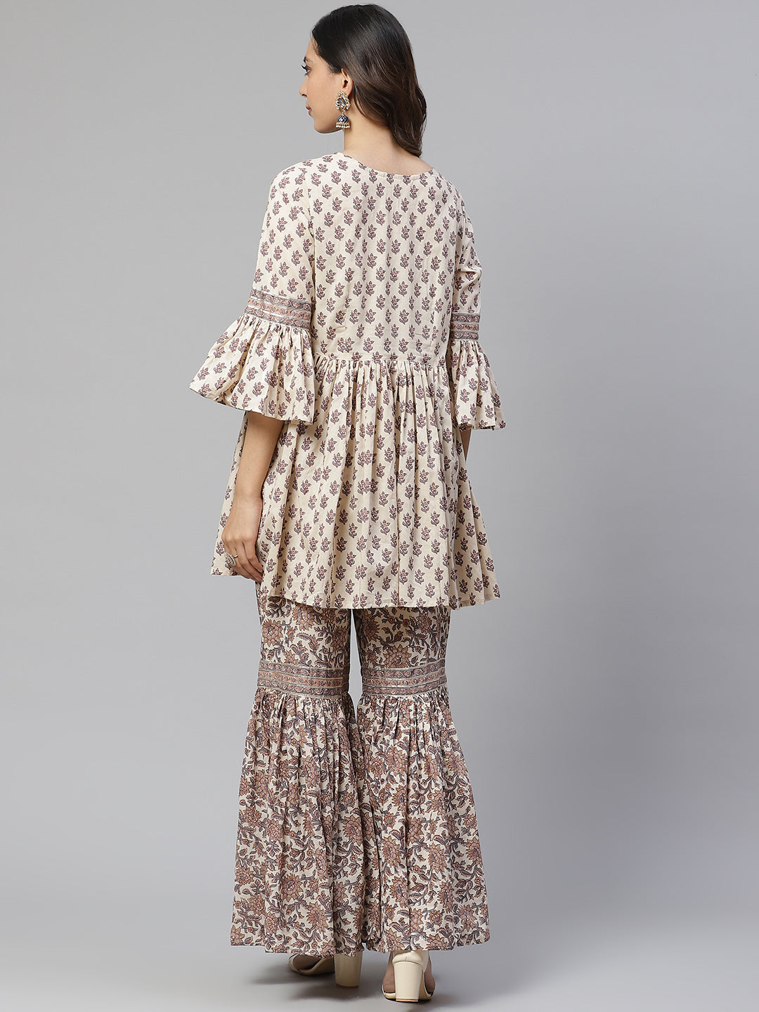 Women'S Cream Printed Sharara Set | LASVINI - Redefining Indian Fashion with Elegance