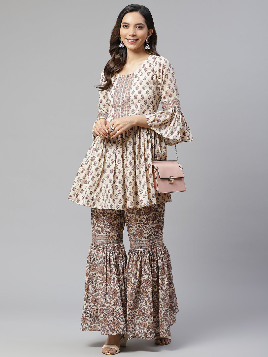 Women'S Cream Printed Sharara Set | LASVINI - Redefining Indian Fashion with Elegance