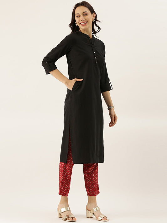 Women'S Black Solid Straight Roll Up Kurti | LASVINI - Redefining Indian Fashion with Elegance