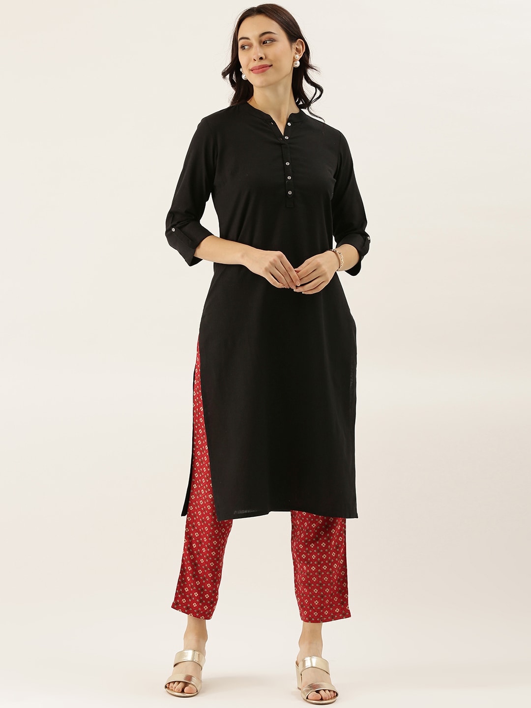 Women'S Black Solid Straight Roll Up Kurti | LASVINI - Redefining Indian Fashion with Elegance