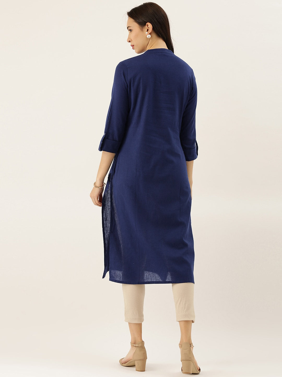 Women'S Blue Solid Straight Roll Up Sleeve Kurti | LASVINI - Redefining Indian Fashion with Elegance