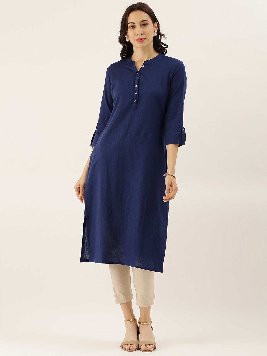 Women'S Blue Solid Straight Roll Up Sleeve Kurti | LASVINI - Redefining Indian Fashion with Elegance