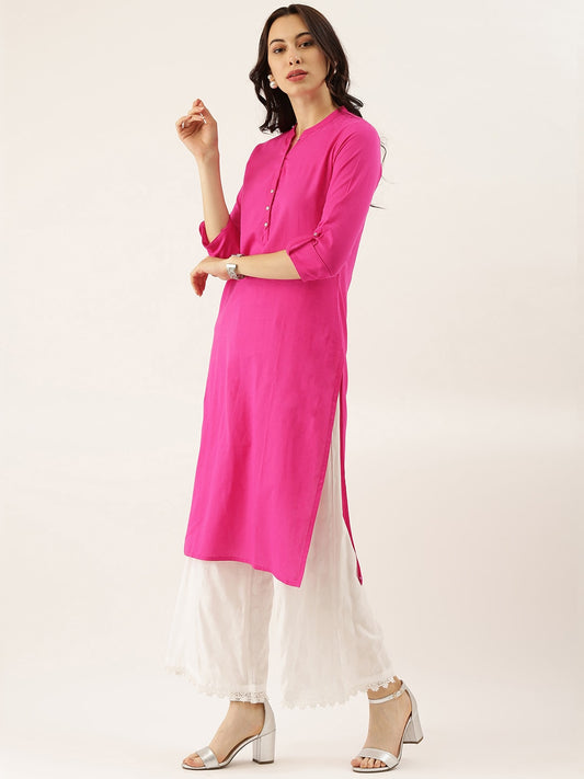 Women'S Pink Solid Straight Roll Up Sleeve Kurti | LASVINI - Redefining Indian Fashion with Elegance