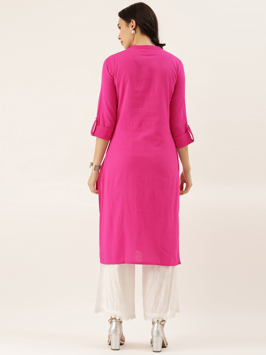 Women'S Pink Solid Straight Roll Up Sleeve Kurti | LASVINI - Redefining Indian Fashion with Elegance
