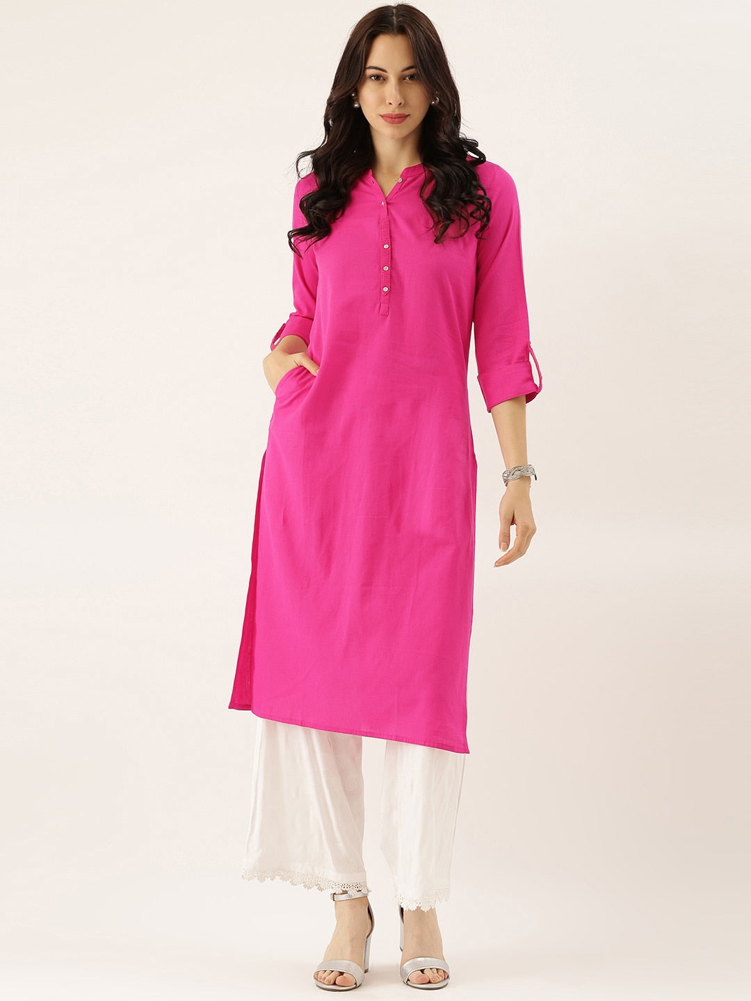 Women'S Pink Solid Straight Roll Up Sleeve Kurti | LASVINI - Redefining Indian Fashion with Elegance