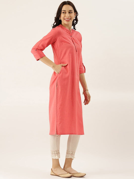 Women'S Peach Solid Straight Roll Up Sleeve Kurti | LASVINI - Redefining Indian Fashion with Elegance