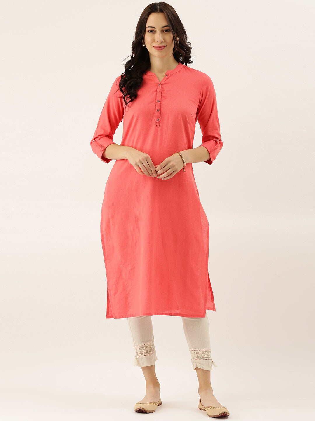 Women'S Peach Solid Straight Roll Up Sleeve Kurti | LASVINI - Redefining Indian Fashion with Elegance