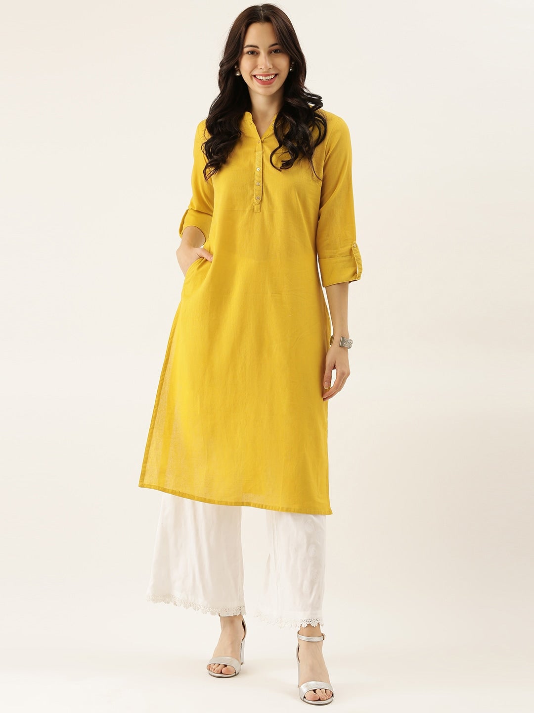 Women'S Yellow Solid Straight Roll Up Sleeve Kurti | LASVINI - Redefining Indian Fashion with Elegance