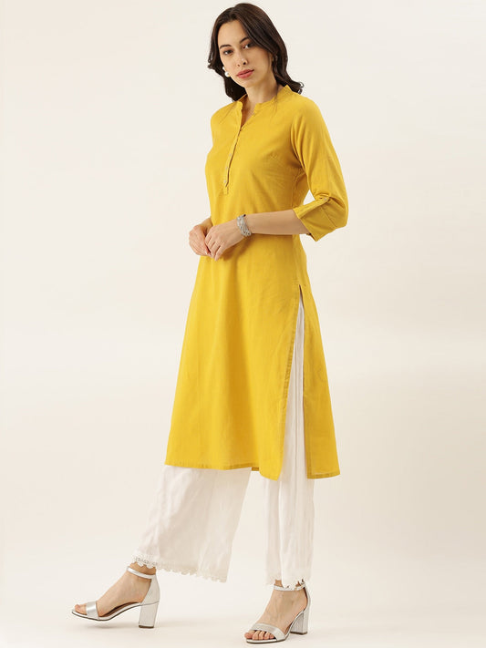 Women'S Yellow Solid Straight Roll Up Sleeve Kurti | LASVINI - Redefining Indian Fashion with Elegance