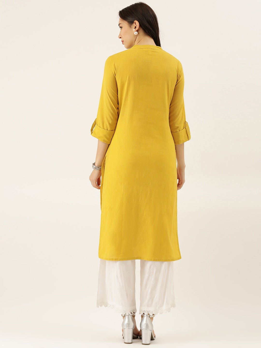 Women'S Yellow Solid Straight Roll Up Sleeve Kurti | LASVINI - Redefining Indian Fashion with Elegance