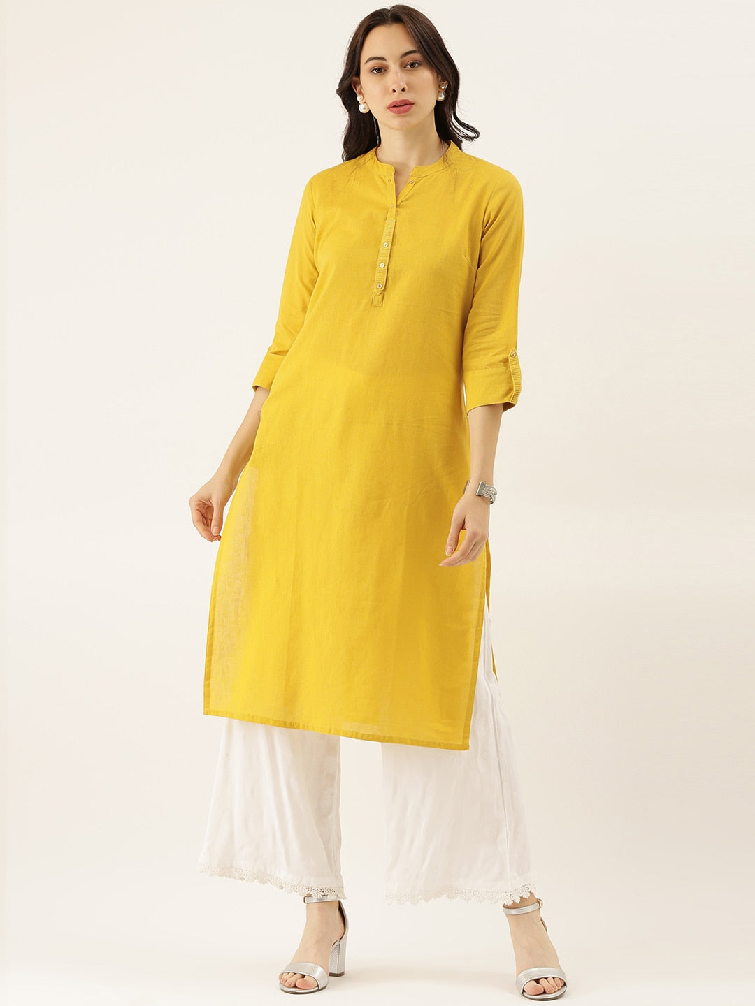 Women'S Yellow Solid Straight Roll Up Sleeve Kurti | LASVINI - Redefining Indian Fashion with Elegance