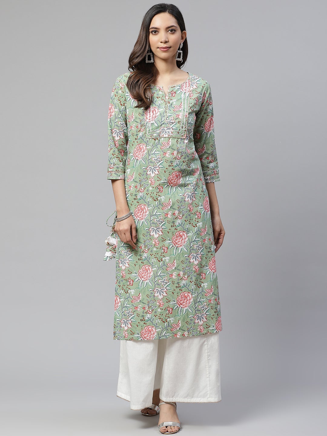 Women'S Green Printed Cotton Kurta With Palazzo Set Plus Size | LASVINI - Redefining Indian Fashion with Elegance