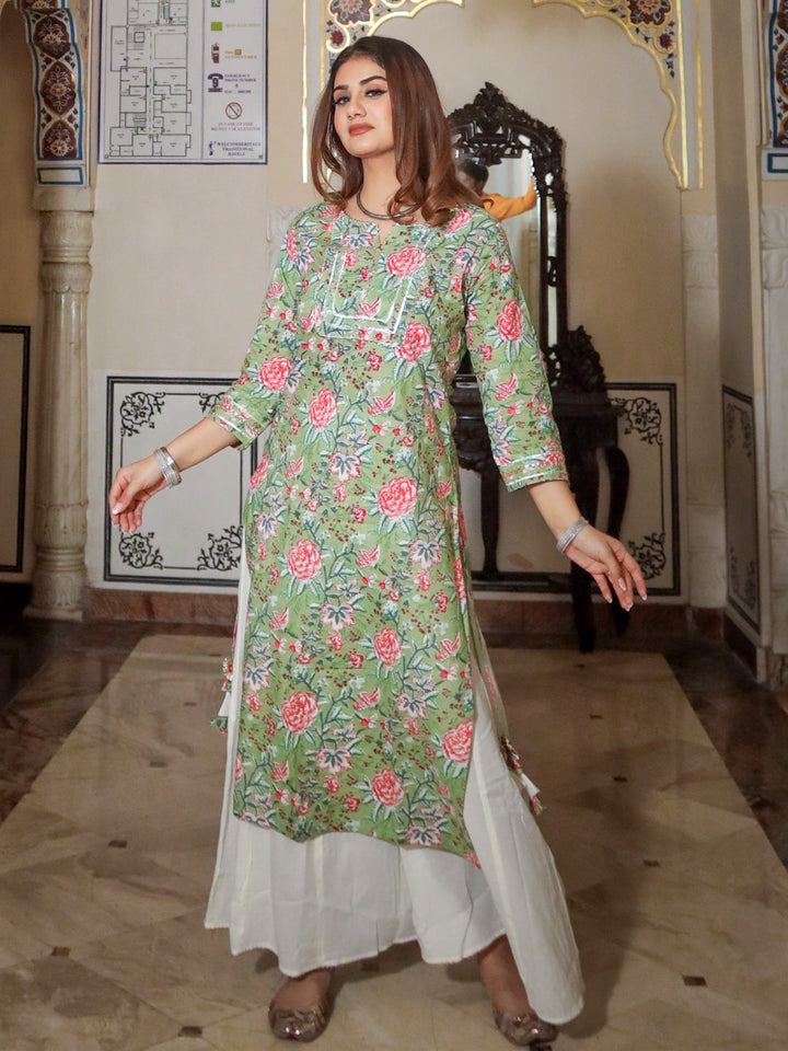 Women Green Printed Cotton Kurta With Palazo Set | LASVINI - Redefining Indian Fashion with Elegance