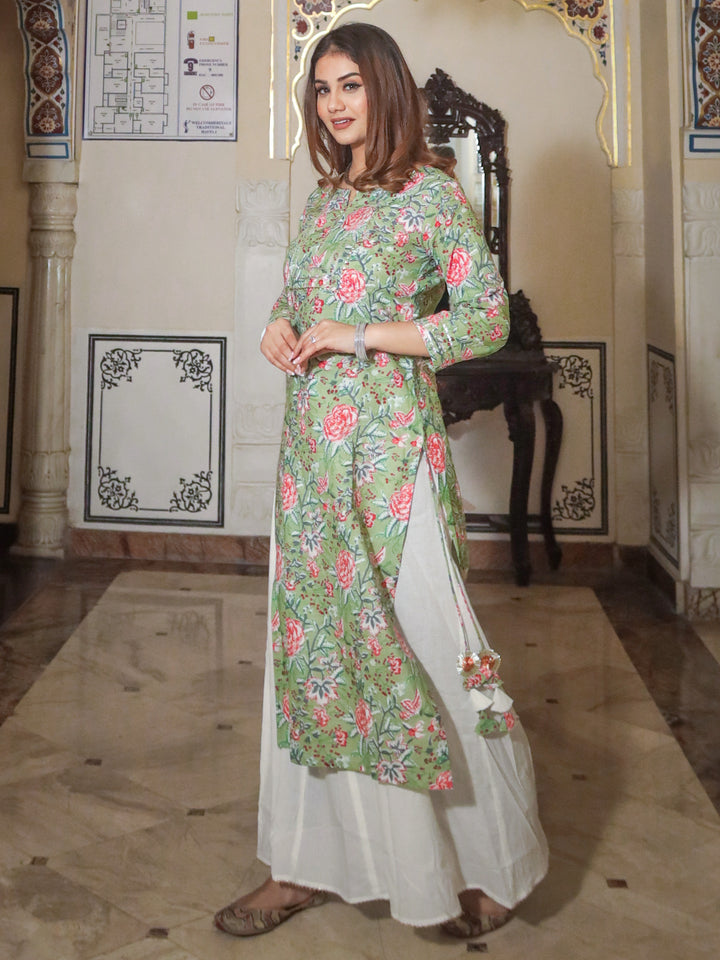 Women Green Printed Cotton Kurta With Palazo Set | LASVINI - Redefining Indian Fashion with Elegance
