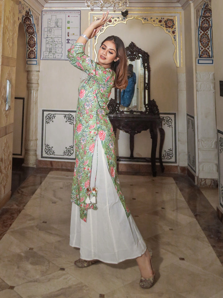 Women Green Printed Cotton Kurta With Palazo Set | LASVINI - Redefining Indian Fashion with Elegance