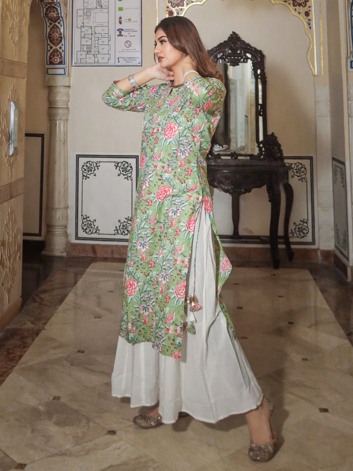 Women Green Printed Cotton Kurta With Palazo Set | LASVINI - Redefining Indian Fashion with Elegance