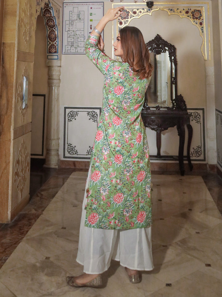 Women Green Printed Cotton Kurta With Palazo Set | LASVINI - Redefining Indian Fashion with Elegance