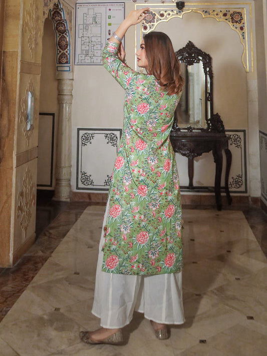Women'S Green Printed Cotton Kurta With Palazzo Set Plus Size | LASVINI - Redefining Indian Fashion with Elegance