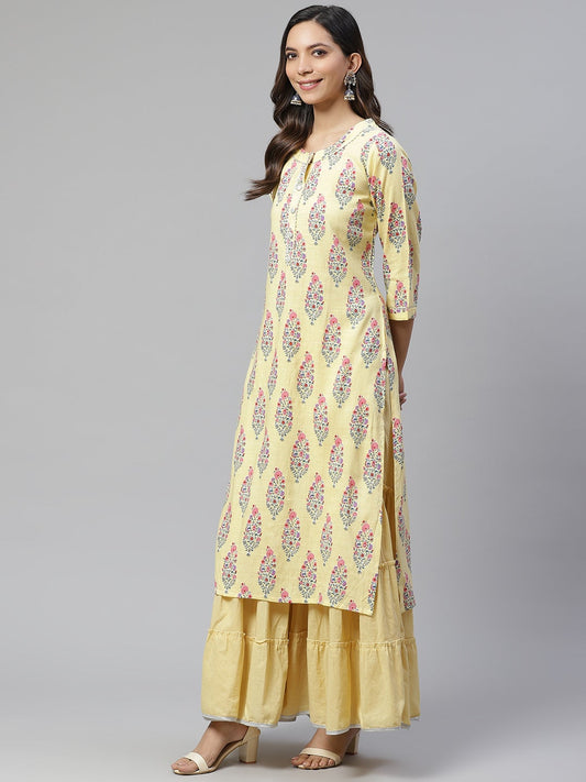 Women'S Yellow Rayon Printed Kurti Sharara Set | LASVINI - Redefining Indian Fashion with Elegance