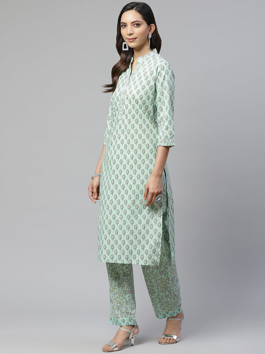 Women'S Sea Green Cotton Printed Kurti Pant Set | LASVINI - Redefining Indian Fashion with Elegance