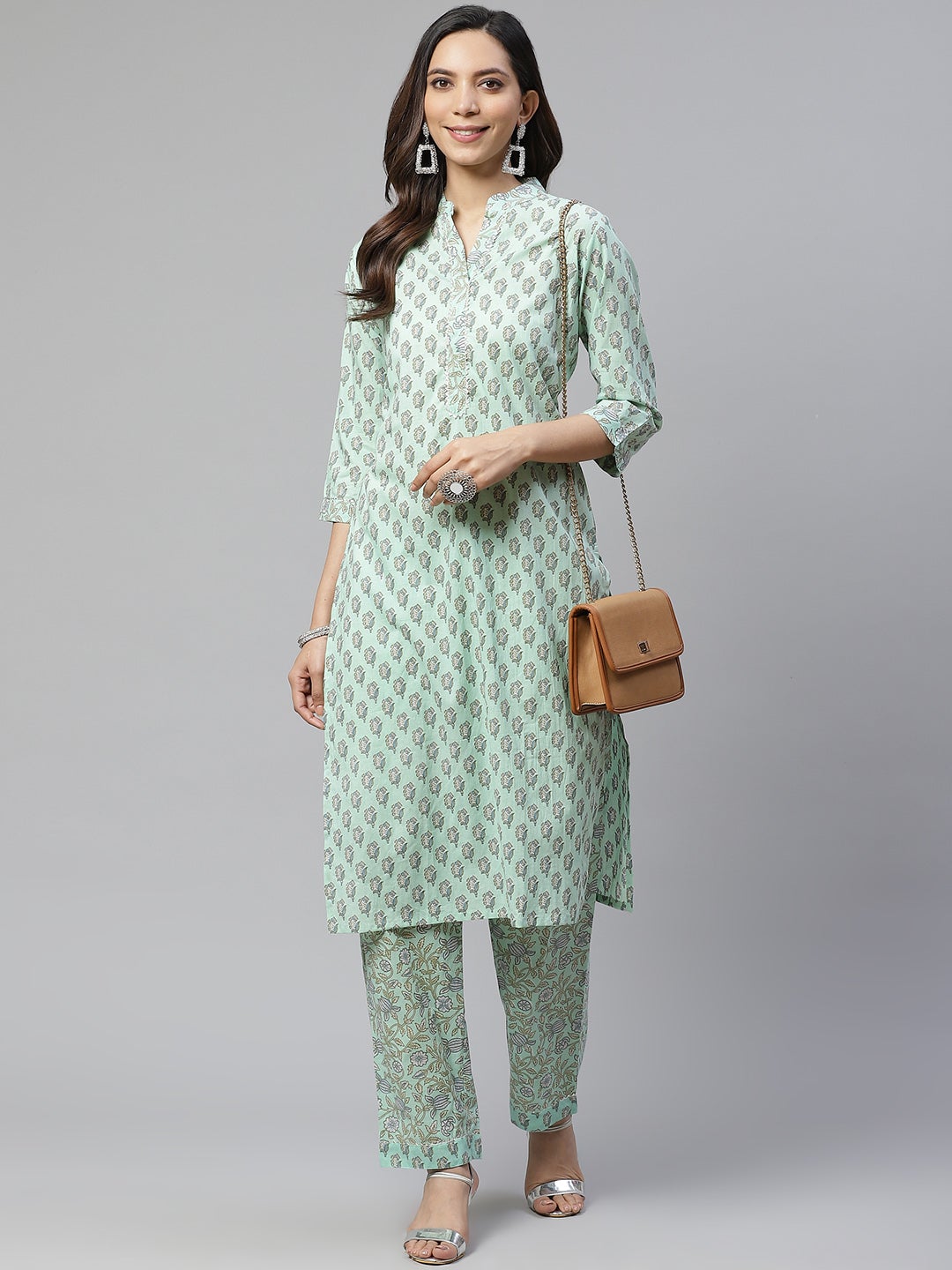 Women'S Sea Green Cotton Printed Kurti Pant Set | LASVINI - Redefining Indian Fashion with Elegance