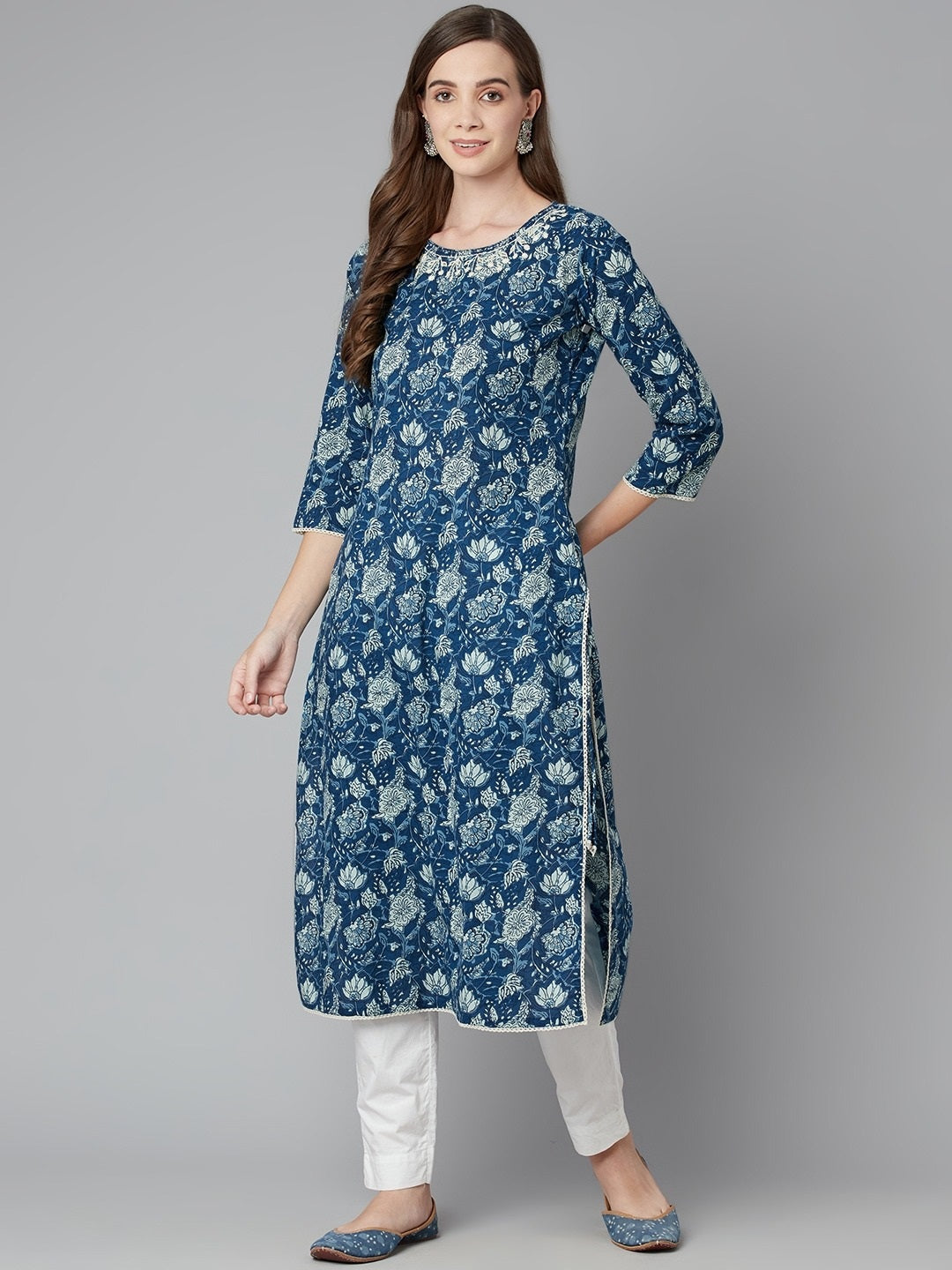 Women'S Blue Floral Straight Kurta | LASVINI - Redefining Indian Fashion with Elegance